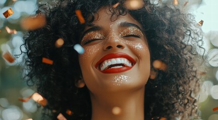 Wall Mural - A beautiful woman with curly hair, laughing and wearing glitter red lipstick at the festival in Brazil. 