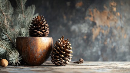 Wall Mural - Golden and brown pine cones resting on rustic wooden surface with pine branches