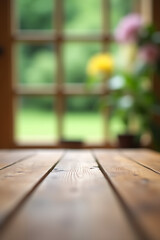 Poster - The top of a wooden table blends into the blurry view behind it, with a garden visible in the background._00002_