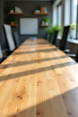 Poster - The empty wooden tabletop provides a blank canvas for creating product displays or designing various visual layouts in an office setting._00003_