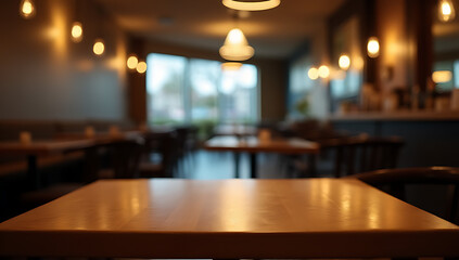 Aufkleber - The empty wood table top sits in a dimly lit background amidst the quiet atmosphere of a deserted cafe restaurant space._00001_