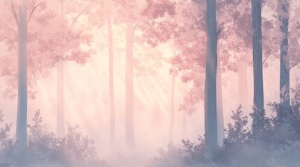 Poster - A serene forest scene with soft pink hues and mist, creating a tranquil atmosphere.