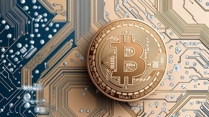 Poster - A 3D rendering of Bitcoin blockchain cryptocurrency mining technology.