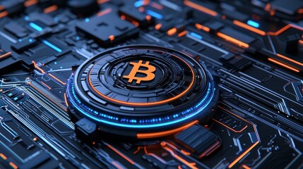 Poster - Bitcoin, a digital currency that operates on blockchain technology, is symbolized by a gold coin. This virtual cryptocurrency signifies the future of global network connections and the exchange