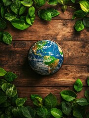 Wall Mural - World Environment Day postcard. Globe with green leaves on a brown wooden board background. Environmental protection on the planet. Concept - Protect our Earth. Ecology problems on the planet Earth