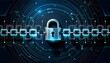 © Red - Abstract glowing block chain cyber security protection line with digital protected lock in the middle in a plain dark dusty blue background, full network,