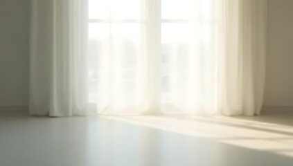 Aufkleber - Soft white light filters through a sheer curtain, illuminating the room and casting gentle shadows on the floor surfaces nearby._00002_