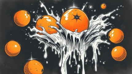 Wall Mural - eerie, hand-drawn sketch of fresh oranges splashing, dark tones, unsettling details, sketchnote styl