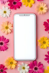 Aufkleber - Simple flat lay photography of a white smartphone placed on a colorful flower petal patterned background for creative styling inspiration._00001_