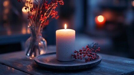 Poster - Burning candle creating cozy atmosphere with red berries and vase