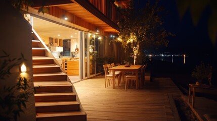 Aufkleber - A serene outdoor dining area illuminated at night, showcasing modern architecture and nature.
