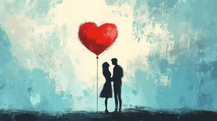 Poster - A couple stands closely together, surrounded by a soft blue background. They share a tender moment, holding a vibrant red heart balloon that symbolizes love and connection.