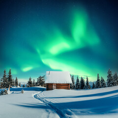 Wall Mural - old wooden cabin in snowy mountains under incredible northern lights in starry sky. christmas landsc