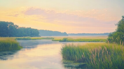 Aufkleber - A serene river landscape at dawn, featuring lush greenery and calm waters.