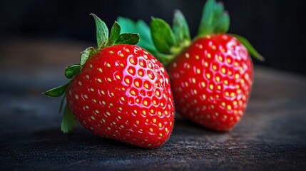 Poster - Two ripe strawberries resting on rustic wooden surface