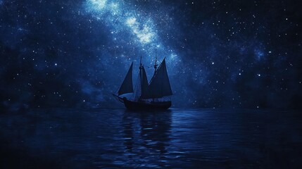 Poster - A serene sailing ship gliding through a starry night sky, reflecting on calm waters.