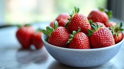 Poster - Fresh strawberries overflowing a blue bowl on marble table