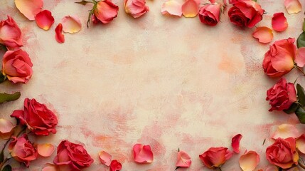 Poster - Roses in various shades surround a pastel backdrop, creating a stunning visual display. The delicate petals are scattered, enhancing the romantic feel. Ideal for special celebrations or events.