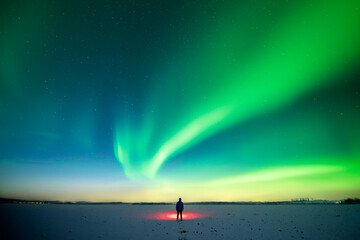 Wall Mural - man with red flashlight standing on snowy field against the backdrop of incredible starry sky with a