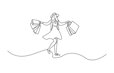 Fototapete - Continuous one single line drawing Woman with shopping bag, Continuous one line drawing of young woman Carrying shopping bag. Happy shopping and sale concept.