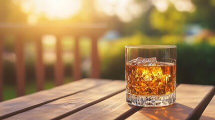 Poster - Glass of whisky with ice resting on wooden table at sunset