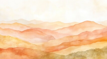 Poster - A serene watercolor landscape featuring soft, layered hills in warm hues of orange and yellow.