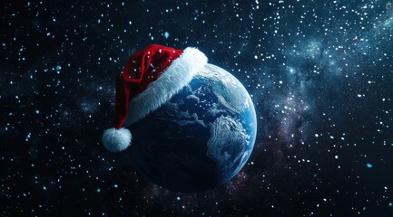 Wall Mural - a planet earth with the hat of santa claus against the background of space, in dark blue and black c