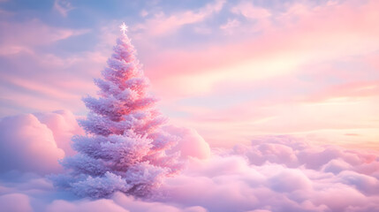 Wall Mural - pink christmas tree pastel clouds sunset sky fantasy background copy space