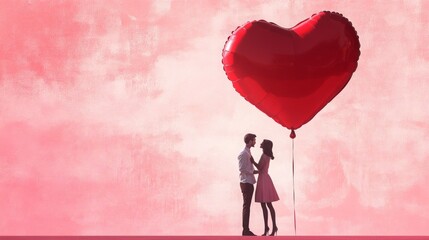 Aufkleber - Two individuals stand close together, sharing an intimate moment beneath a large red heart balloon against a soft pink background.