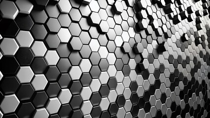 Poster - Abstract Black and White Hexagon Silhouette Background, Minimalist Geometric Art, Undulating Motion, Vertical Design