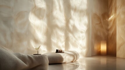 Aufkleber - A serene, softly lit interior with textured walls and minimal decor for relaxation.