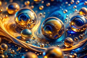 Poster - Abstract Blue Gold Liquid Texture Bubbles Tilt-Shift Macro Photography