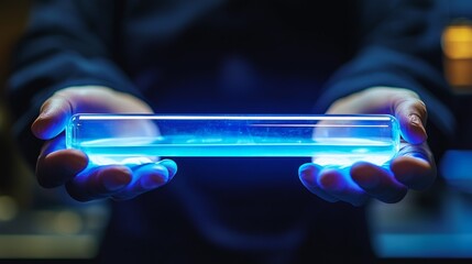 Aufkleber - A person is holding a glass tube that is glowing blue