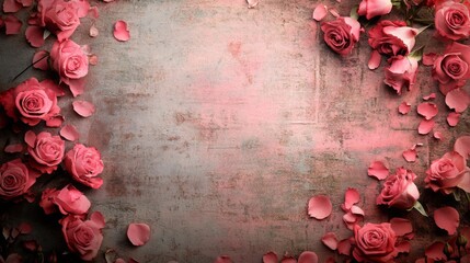 Poster - Colorful pink roses and scattered rose petals form a beautiful border around a softly textured surface. This arrangement enhances a romantic setting perfect for events or intimate gatherings.