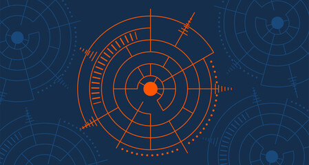 Poster - Futuristic circular radar interface with an orange central focus. Abstract design concept featuring geometric shapes and a dark blue background.