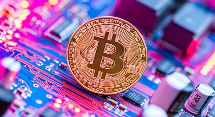 Poster - Bitcoin's gold coin logo symbolizes a digital cryptocurrency used in stock market trading and financial exchanges, emphasizing blockchain technology for future investments and payments.