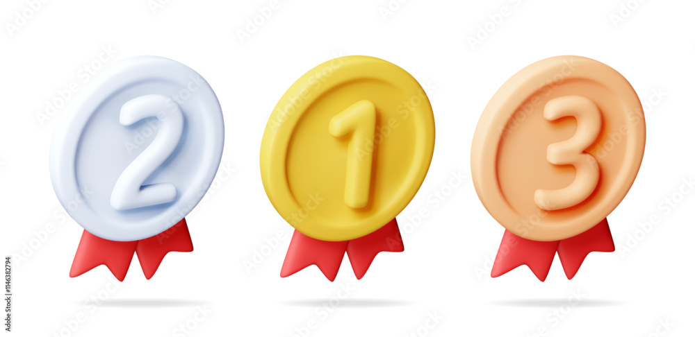 3d set of medals with red ribbons. Render gold, silver, bronze champion ...