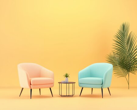 A colorful studio showcasing creative interior design with a lamp and armchair, set against a pastel background. Suitable for web pages, presentations, or picture frames, rendered in 3D.