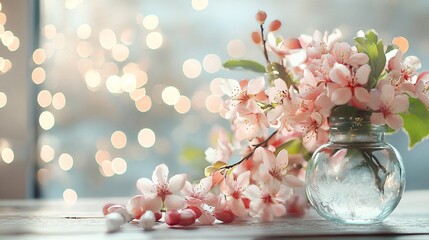 Wall Mural - Pink spring flowers blooming in glass vase on wooden table with bokeh lights