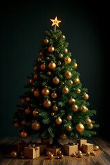 Aufkleber - Golden ornaments adorn a classic pine tree on a dark background amidst festive Christmas and Xmas celebration concepts._00002_