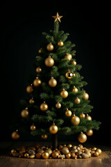 Aufkleber - Golden ornaments adorn a classic pine tree on a dark background amidst festive Christmas and Xmas celebration concepts._00003_