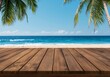 © neiros - A deserted wooden table, with a tropical beach blurred behind it.
