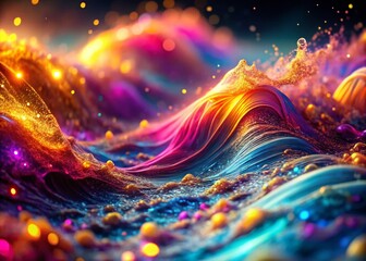 Poster - Abstract Digital Waves: Pink, Blue, Yellow Glowing Particle Macro Photography