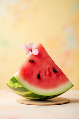 Aufkleber - Fresh watermelon slice garnished with delicate xanadu leaves set against a soft pastel colored summer background._00003_