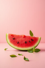 Aufkleber - Fresh watermelon slice garnished with delicate xanadu leaves set against a soft pastel colored summer background._00001_