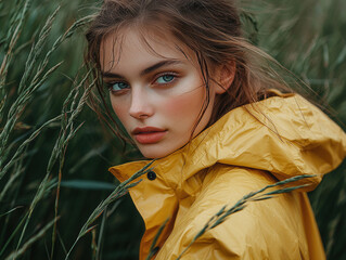 young woman in yellow raincoat standing in tall green grass during golden hour, showcasing natural b
