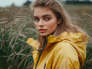 young woman in a yellow rain jacket stands among tall grass on a windy day, showcasing natural beaut