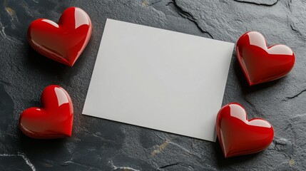 Poster - Four glossy red hearts are positioned around a blank card on a textured dark surface, ideal for writing romantic messages or notes. Perfect for Valentine's Day or love-themed occasions.