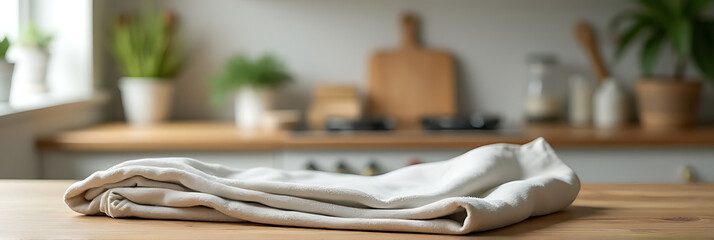 Aufkleber - Fabric lies on a wooden table top in a blurred kitchen background suitable for product display and design visuals._00002_