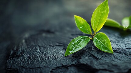Poster - Fresh green tea leaves with water drops on black stone background